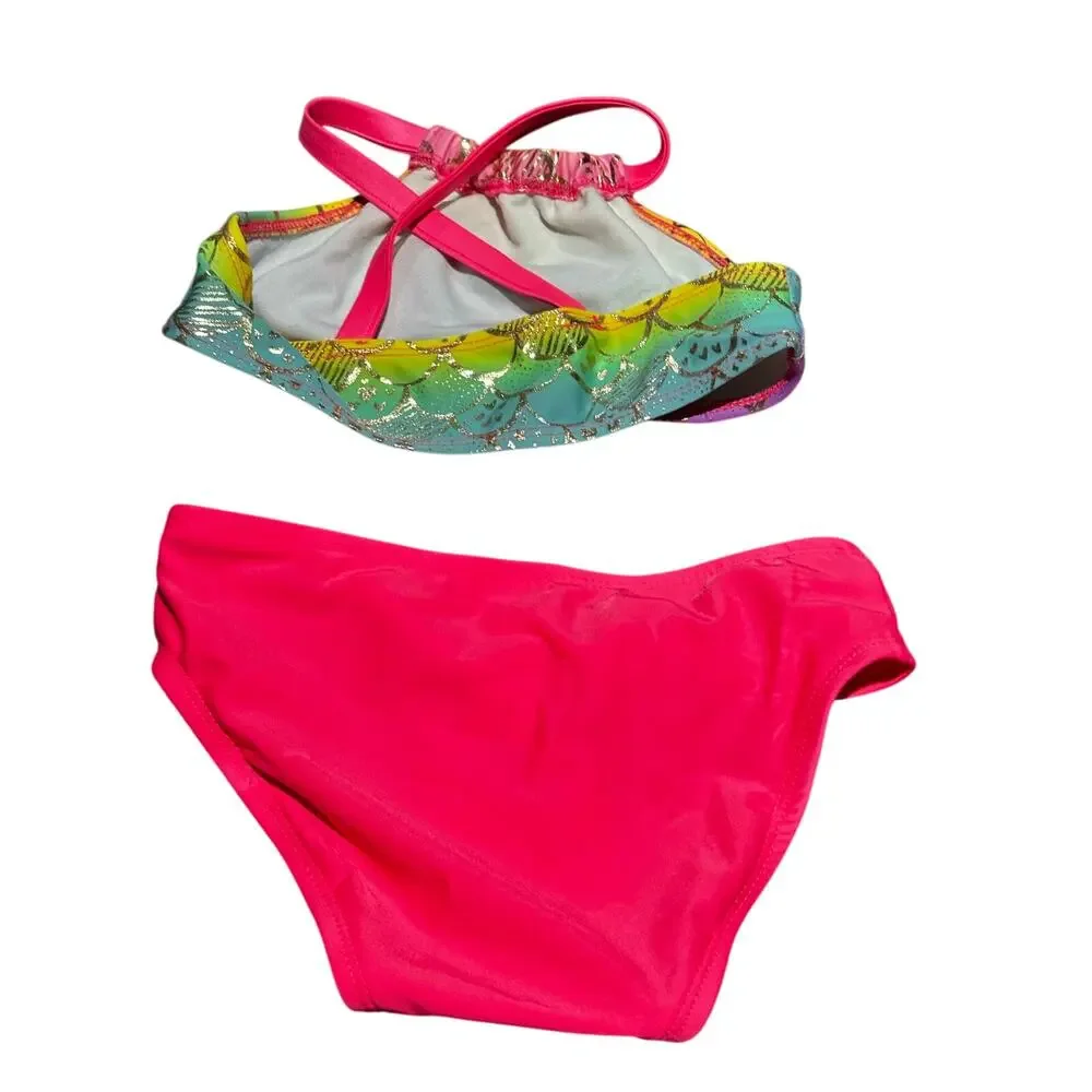 Cat and Jack 5t mermaid bikini and skirt tutu set metallic hot pink rainbow euc